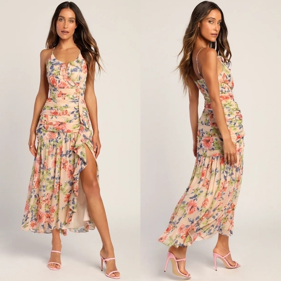 Lulus Dresses & Skirts - Lulus Stunning Soiree Blush Pink Floral Print Ruched Midi Dress XL Wedding Party
